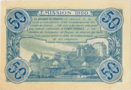 Реверс банкноты 50 centymów – Izba Handlowa w Dieppe (Francja) 1920