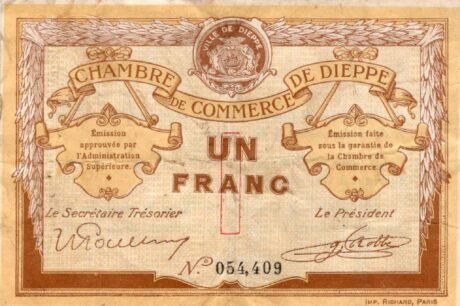 Аверс банкноты 1 франк - торговая палата Дьеппа (Франция) 1915 года