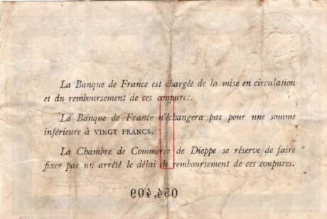 Реверс банкноты 1 франк - торговая палата Дьеппа (Франция) 1915 года
