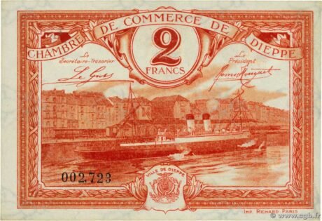 Аверс банкноты 2 франка - торговая палата Дьеппа (Франция) 1920 года