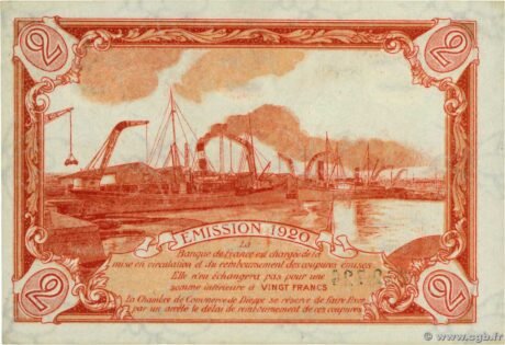 Реверс банкноты 2 франка - торговая палата Дьеппа (Франция) 1920 года