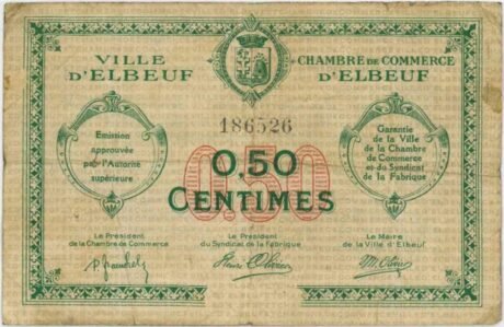 Аверс банкноты 50 сантимов - торговая палата Эльбефа (Франция)
