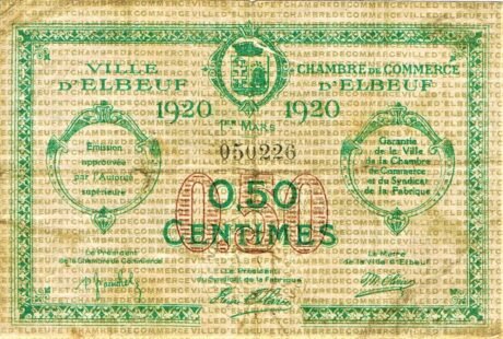 Аверс банкноты 50 сантимов - торговая палата Эльбефа (Франция) 1920 года