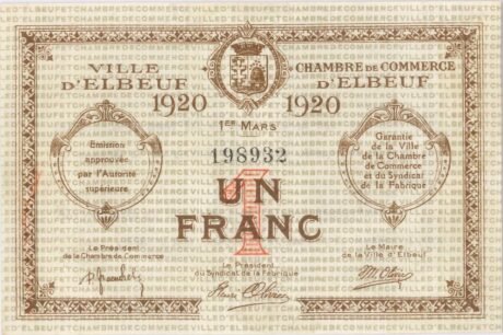 Аверс банкноты 1 франк - торговая палата Эльбефа (Франция) 1920 года