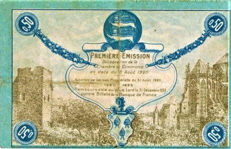 Реверс банкноты 50 сантимов - торговая палата Фекампа (Франция) 1920 года
