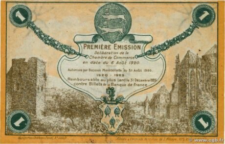 Реверс банкноты 1 франк - торговая палата Фекампа (Франция) 1920 года