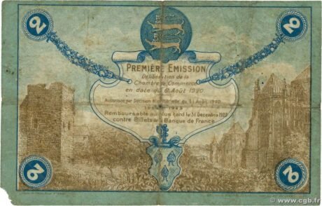 Реверс банкноты 2 франка - торговая палата Фекампа (Франция) 1920 года