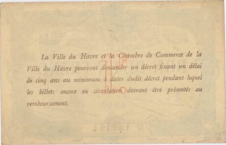 Реверс банкноты 1 франк - торговая палата Гавра (Франция) 1916 года