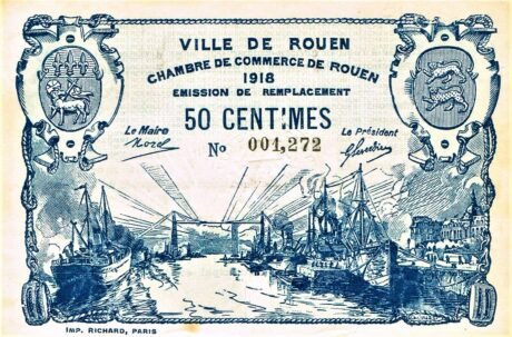 Аверс банкноты 50 сантимов - город и торговая палата Руана (Франция) 1918 года