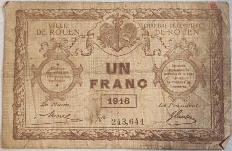 Аверс банкноты 1 франк - город и торговая палата Руана (Франция) 1916 года