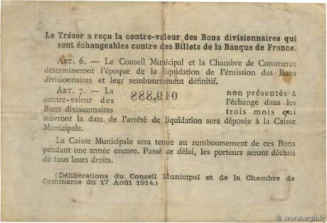 Реверс банкноты 1 frank – Miasto i Izba Handlowa w Rouen (Francja) 1918