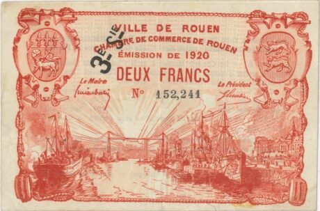 Аверс банкноты 2 franki – Miasto i Izba Handlowa w Rouen (Francja) 1918