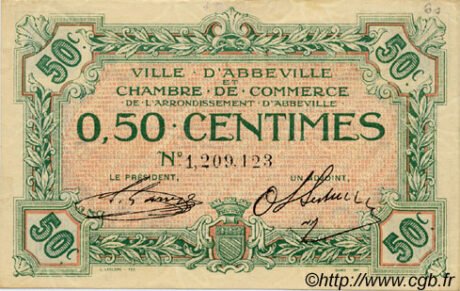 Аверс банкноты 50 сантимов - торговая палата Аббевилля (Франция) 1920 года