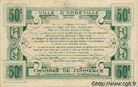 Реверс банкноты 50 сантимов - торговая палата Аббевилля (Франция) 1920 года