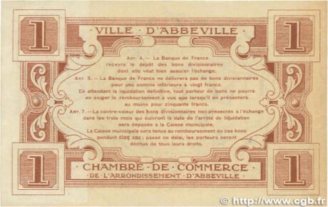 Реверс банкноты 1 франк - торговая палата Аббевилля (Франция) 1920 года