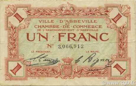 Аверс банкноты 1 франк - торговая палата Аббевилля (Франция) 1920 года