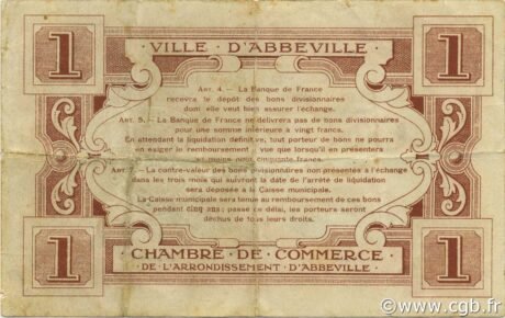 Реверс банкноты 1 франк - торговая палата Аббевилля (Франция) 1920 года