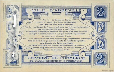 Реверс банкноты 2 франка - торговая палата Аббевилля (Франция) 1920 года