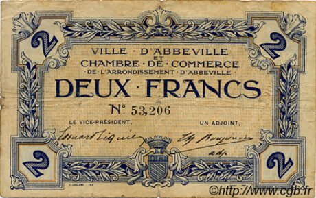 Аверс банкноты 2 франка - торговая палата Аббевилля (Франция) 1920 года