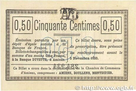 Реверс банкноты 50 сантимов - торговая палата Амьена (Франция) 1915 года