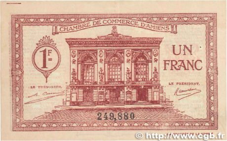 Аверс банкноты 1 франк - торговая палата Амьена (Франция) 1922 года