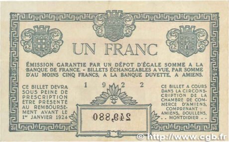 Реверс банкноты 1 франк - торговая палата Амьена (Франция) 1922 года