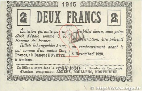 Реверс банкноты 2 франка - торговая палата Амьена (Франция) 1915 года
