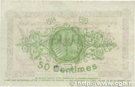 Реверс банкноты 50 сантимов - торговая палата Тарны (Франция) 1914 года