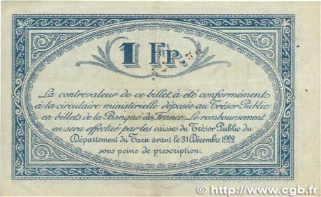 Реверс банкноты 1 франк - торговая палата Тарны (Франция) 1917 года