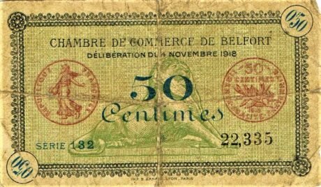 Аверс банкноты 50 сантимов - Белфортская торговая палата (Франция) 1918 года