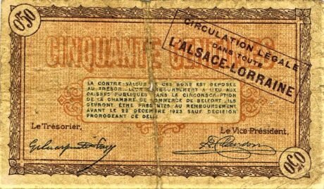 Реверс банкноты 50 centymów – Izba Handlowa w Belfort (Francja) 1918