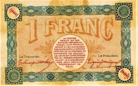 Реверс банкноты 1 frank – Izba Handlowa Belfort (Francja) 1918