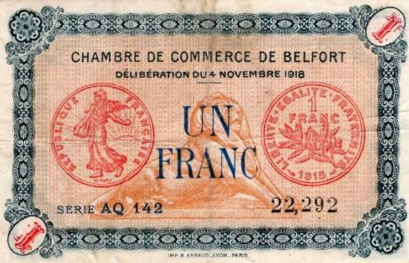 Аверс банкноты 1 frank – Izba Handlowa Belfort (Francja) 1918