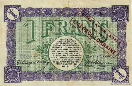 Реверс банкноты 1 франк - Белфортская торговая палата (Франция) 1918 года