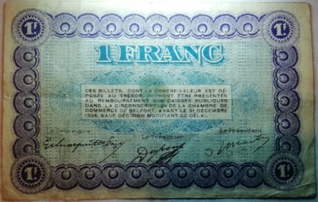 Реверс банкноты 1 франк - Белфортская торговая палата (Франция) 1921 года