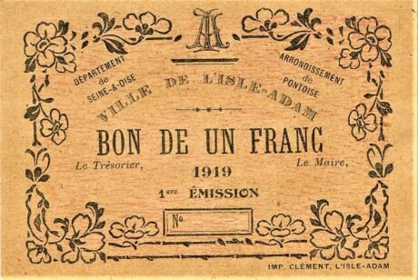 Аверс банкноты 1 франк - город Айл-Адам (Франция) 1919 года