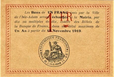 Реверс банкноты 1 франк - город Айл-Адам (Франция) 1919 года