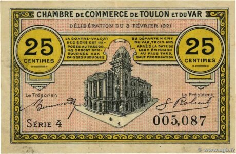 Реверс банкноты 25 сантимов - торговая палата Тулона и Ле-Вар (Франция) 1921 года