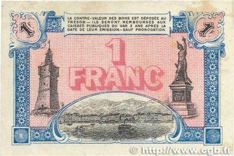 Реверс банкноты 1 франк - торговая палата Тулона и Вара (Франция) 1916 года