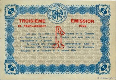 Реверс банкноты 1 франк - торговая палата Авиньона и Воклюза (Франция) 1925 года