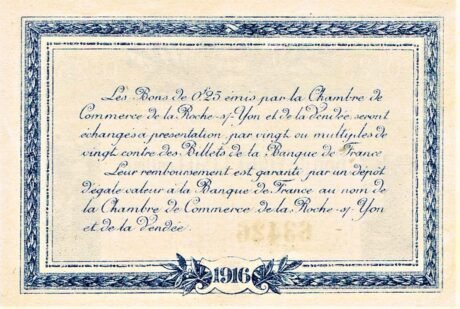 Реверс банкноты 25 сантимов - торговая палата Ла-Рош-сюр-Йон и Вандея (Франция) 1916 года