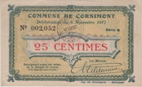Аверс банкноты 25 сантимов - муниципалитет Корнимон (Франция) 1917 года