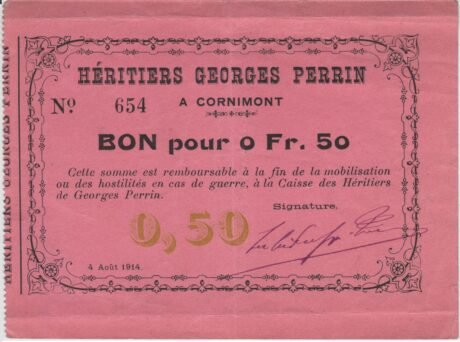 Аверс банкноты 50 сантимов - муниципалитет Корнимон (Франция) 1914 года