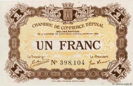 Аверс банкноты 1 франк - Эпинальская торговая палата (Франция) 1920 года