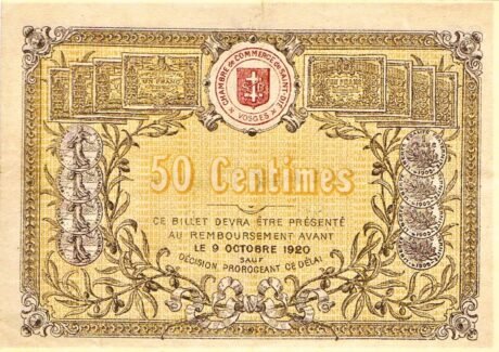 Реверс банкноты 50 сантимов - торговая палата Сент-Ди (Франция) 1915 года