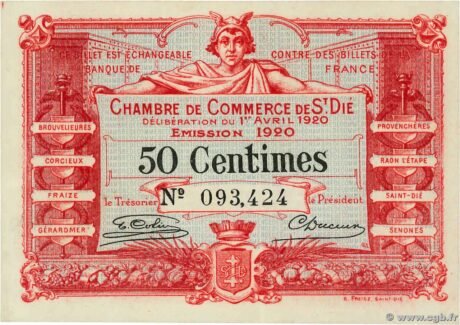 Аверс банкноты 50 сантимов - торговая палата Сент-Ди (Франция) 1920 года
