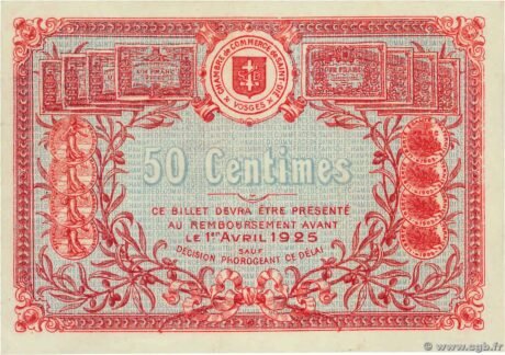 Реверс банкноты 50 сантимов - торговая палата Сент-Ди (Франция) 1920 года