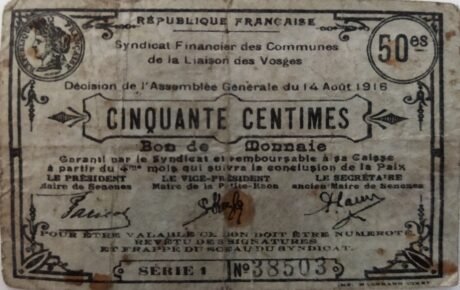 Аверс банкноты 50 сантимов - Cиндикат финансов для коммун Vosges Liaison (Франция) 1916 года