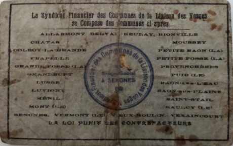 Реверс банкноты 50 сантимов - Cиндикат финансов для коммун Vosges Liaison (Франция) 1916 года