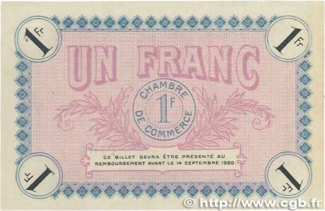 Реверс банкноты 1 франк - Осерская торговая палата (Франция) 1915 года
